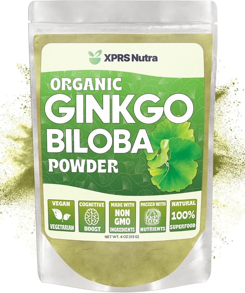 XPRS Nutra Organic Ginkgo Biloba pulbere - Gingko Biloba Suplimente pentru cogniție - Vegan prietenos Ginkoba Biloba Organic - Imunitate Boosting Ginkgo Biloba pulbere (4 oz)
