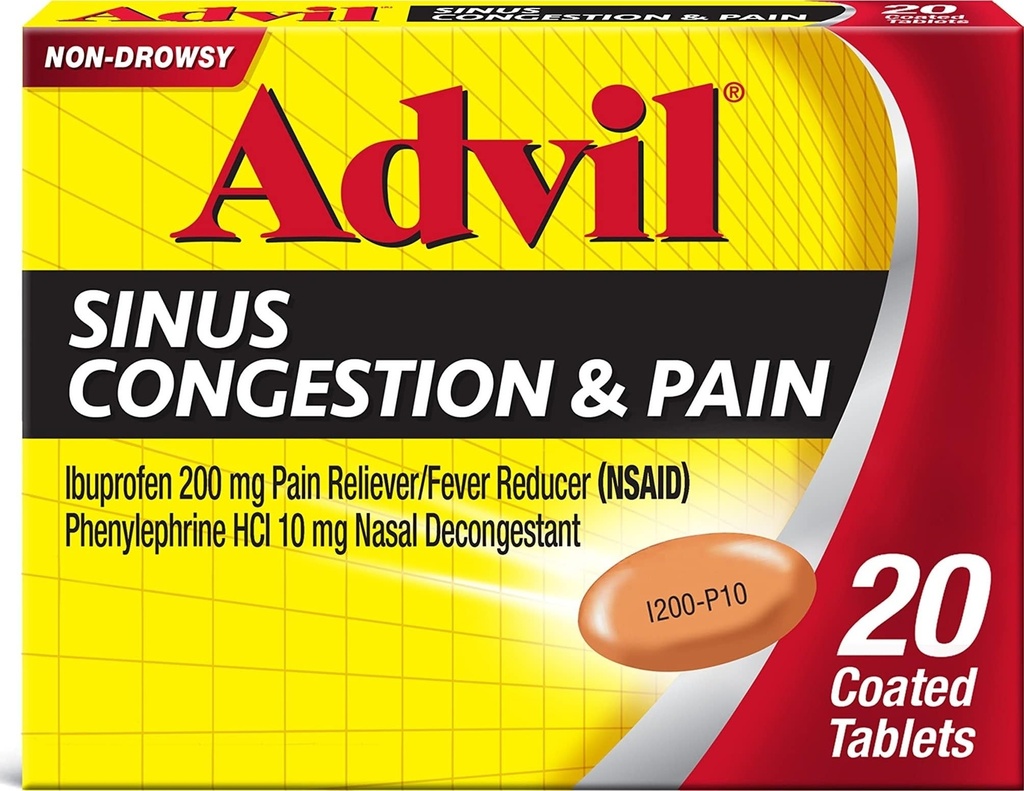 Advil Sinus Congestion and Pain, Sinus Reliever Medicine, Pain Reliever and Fever Reductor with Ibuprofen and Fenilephrine HCl - 20 comprimate filmate