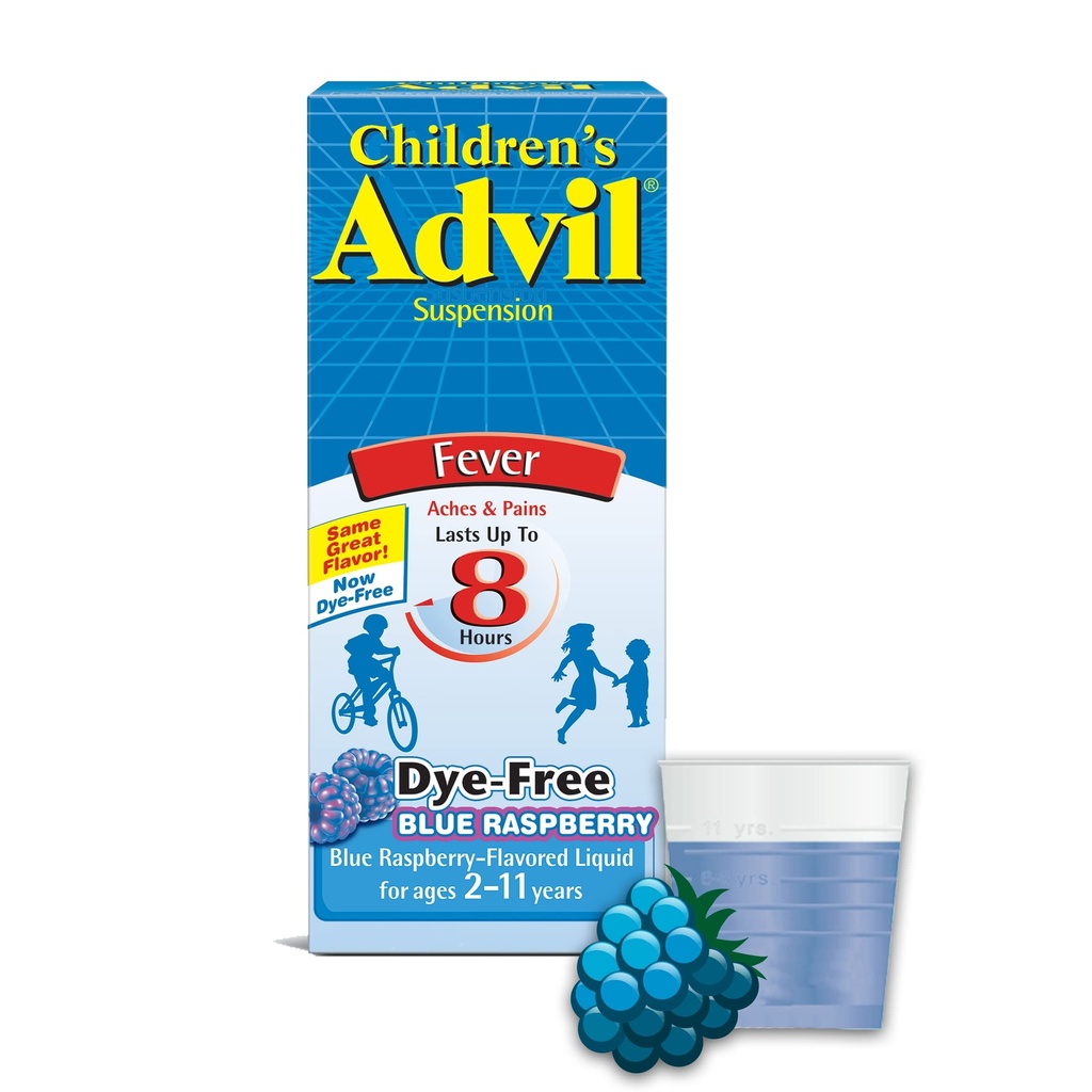 Copii: Advil Suspensie (4 fl. oz, Blue Raspberry-Flavored), 100mg Ibuprofen Fever Reductor / Pain Reliever, Lichid Pain Medicine, Vârste 2 