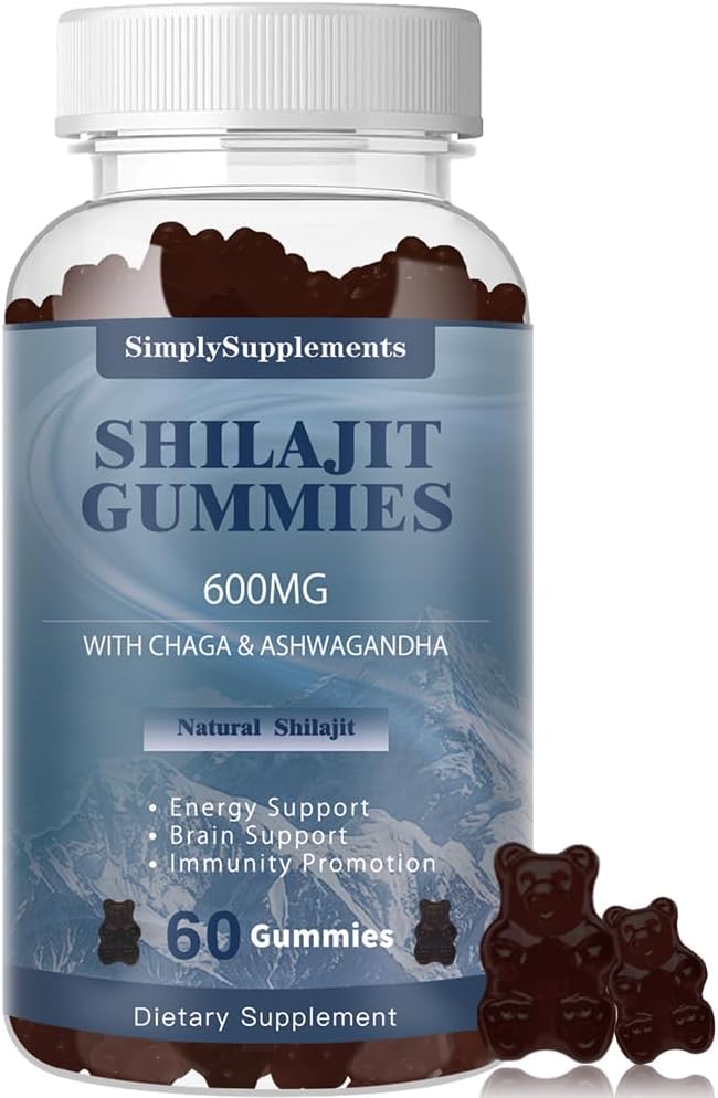 Gumiile silajit cu Ashwagandha si Chaga pentru barbati si femei - Suplimentul Shilajit cu urme minerale si acid fuzilic pentru energie si suport pentru imunitate, 60 gume