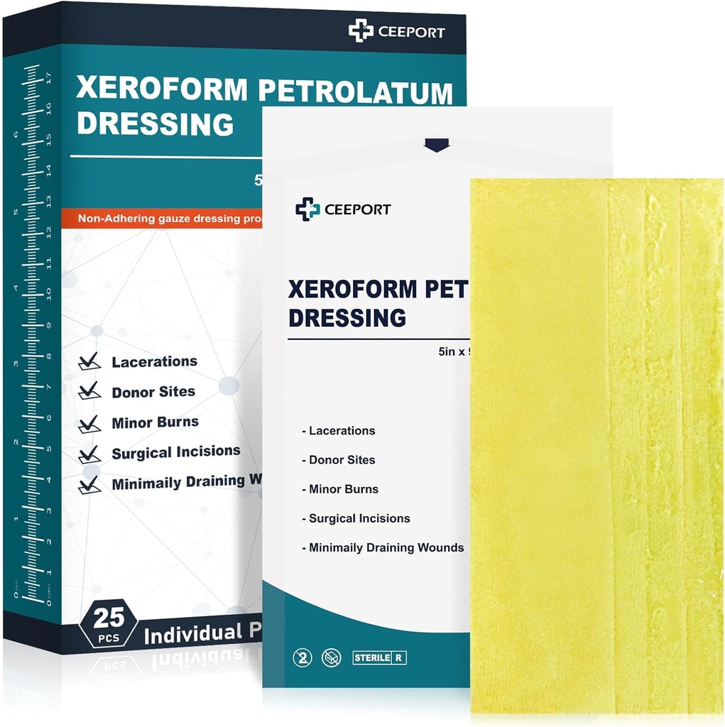 Medical Xeroform Petrolatum Dressing 5x9 - non-aderent Gips Pad Strip, Fine Mesh Tibaze Petice Provizii pentru îngrijirea rănilor, Burns, Lacerations, & Skin Grafits (Pachet de 25)