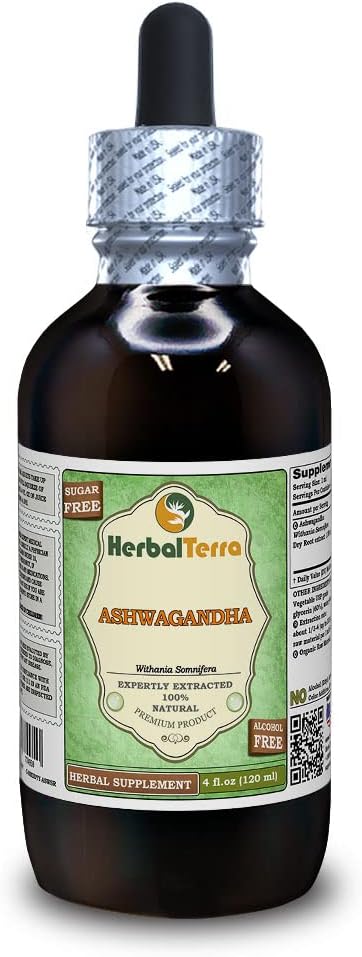 Ashwagandha (Withania Somnifera) Glycerite, extract lichid organic uscat fără alcool (Brand Name: HerbalTerra, Proudly Made in USA) 4 fl.oz (120 ml)