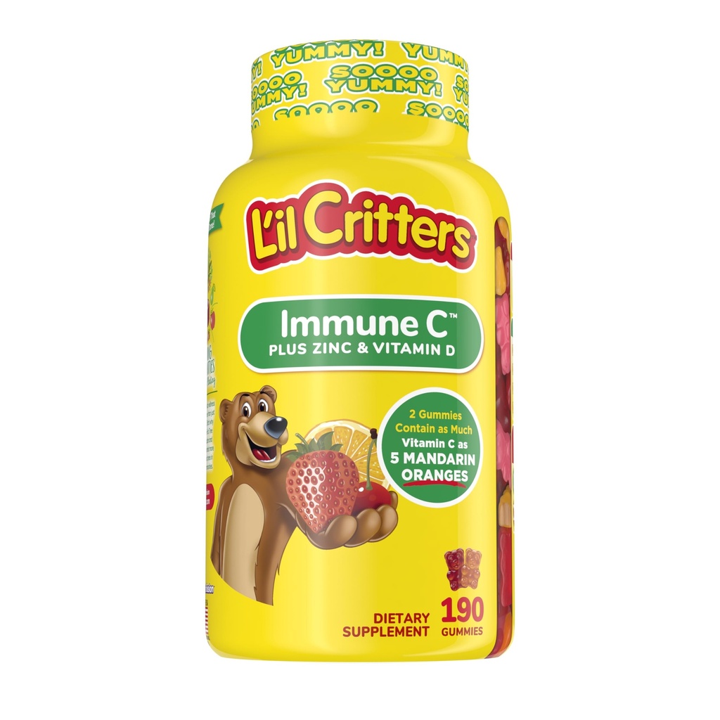 L'il Critters Copii Imun C Gummy Supliment cu vitamina C, zinc și vitamina D3 pentru suport imunitar, 190 ct (95-190 zile de aprovizionare), 4 arome delicioase din America
