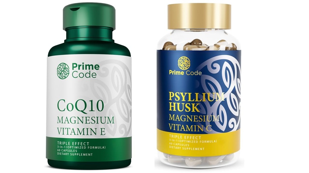 Prime Code CoQ10 250mg cu magneziu Glycinat și vitamina E, Psyllium Husk capsule cu Citrat de magneziu și vitamina C