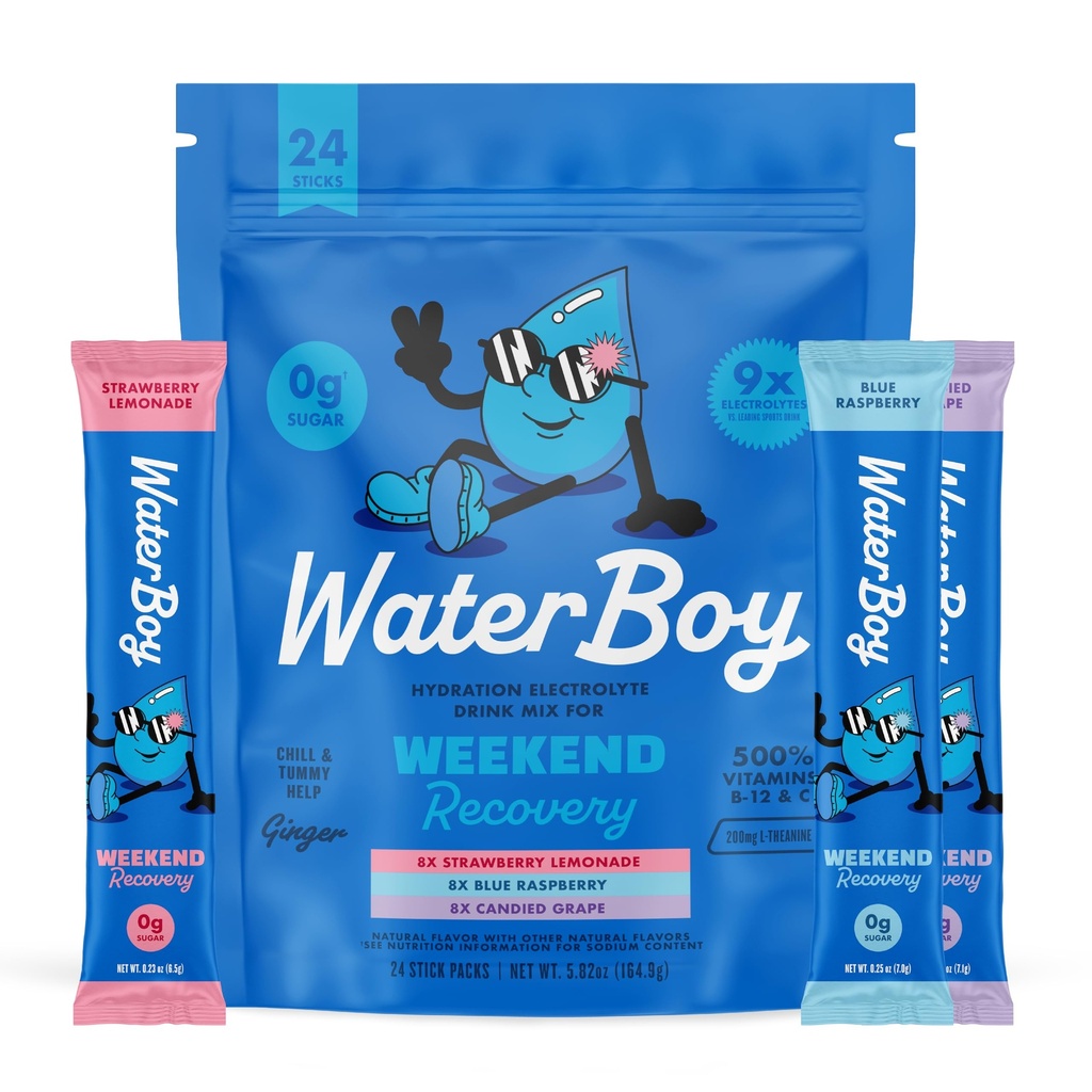 Waterboy Weekend Recovery Powder Pachete de praf de 3,200 mg Electrolyte Ging + L-Theanină + Vitamine 