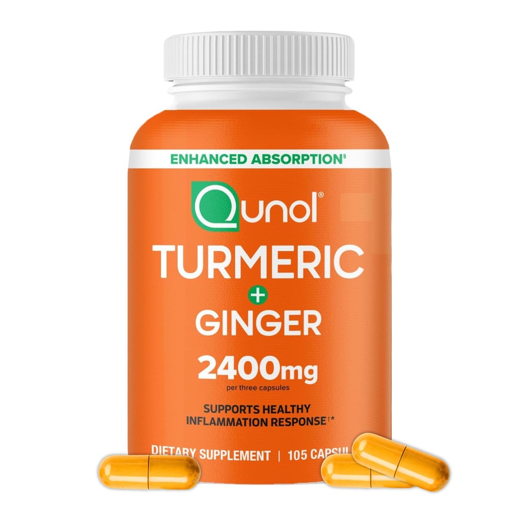 Curcumina Qunol Turmeric cu piper negru & ghimbir, extract de turmeric 2400 mg cu 95% Curcuminoide, Suplimentul suplimentar de putere, Absorbție îmbunătățită, Supliment de sprijin comun, 105 Conte