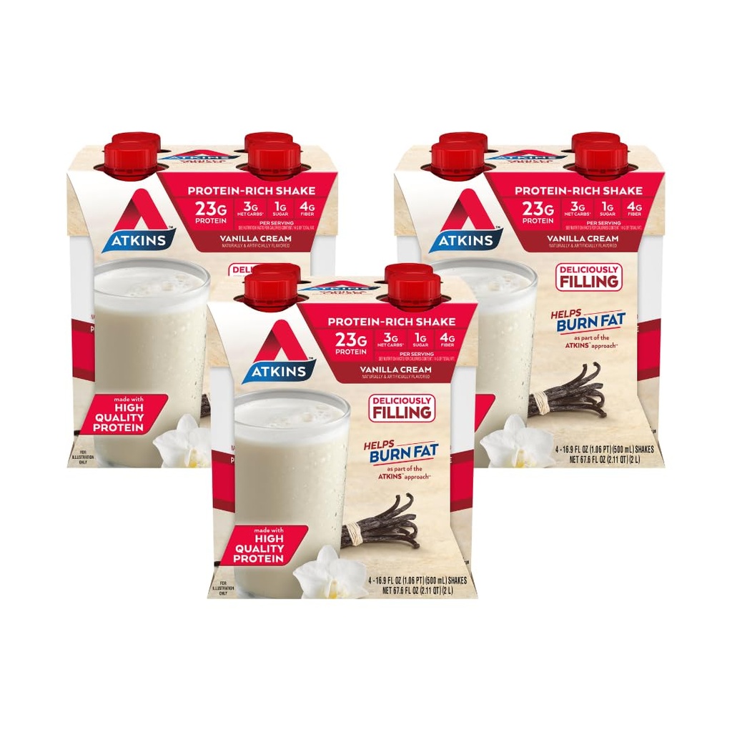 Atkins Vanilla Cream Meal Dimensiune proteine Shake, 23g proteine, Glicemic scăzut, 3g Carb, 1g zahăr, Keto prietenos