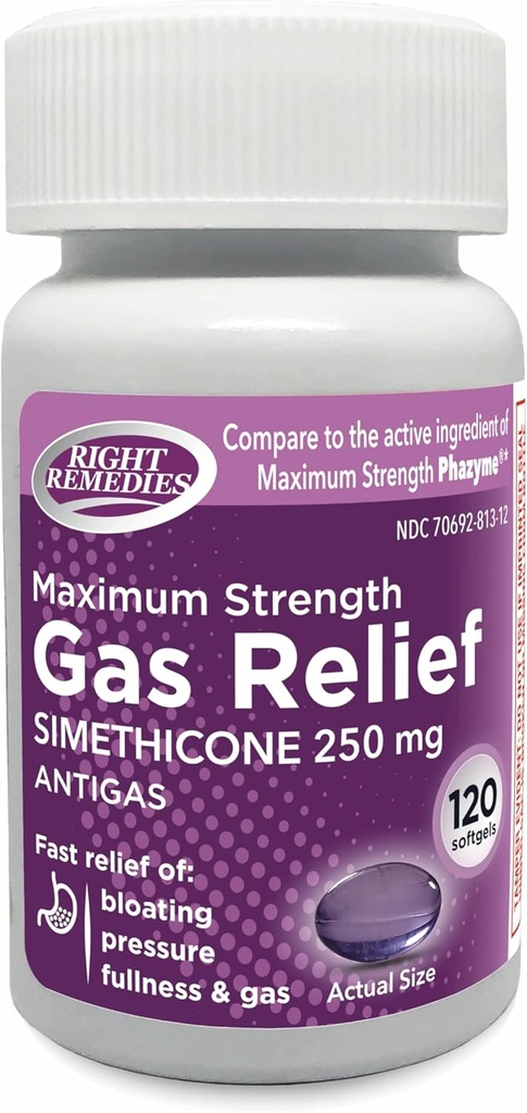 Putere maximă de alimentare cu gaz, Simethicone 250 mg, (120 Softgels), Ajutor rapid de gaz, Blooting, Fullness, Discomfort dureros, Comparativ cu puterea maximă Phazyme Ingredient activ