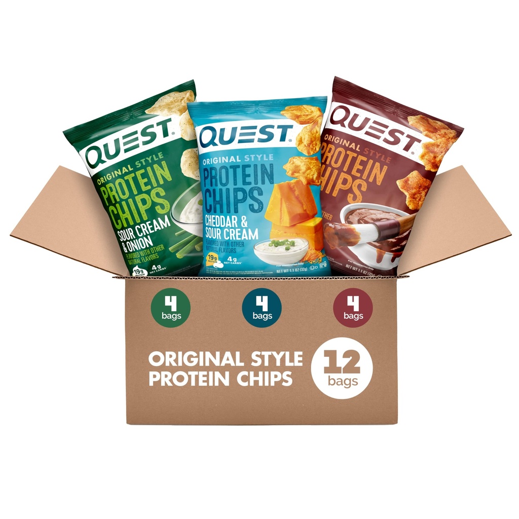 Quest Nutrition Proteine Chips Pack Variety, BBQ, Cheddar & Sour Cream, Sour Cream & Onion, High Proteine, Low Carb, 1.1 oz (Pachet de 12)