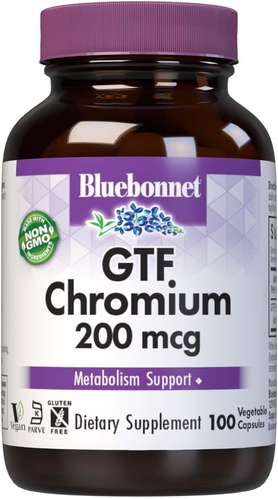 Bluebonnet Nutrition GTF Crom 200 mcg, Soy-free, Gluten-free, non-GMO, Kosher Certified, Dairy-Free, Vegan, 100 capsule vegetale