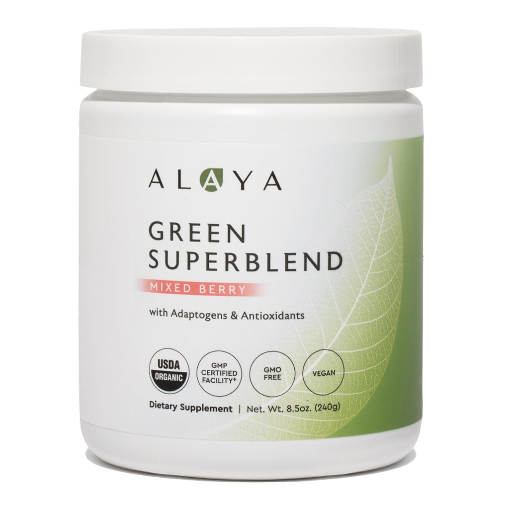 Alaya Organic Super Greens Powder - Premium Green Juice Superfood Supplement Powder - Adaptogens, Antioxidanti si Probiotice Blend - USDA Organic, Non-GMO, Vegan - 30 Servings (Mixed Berry)