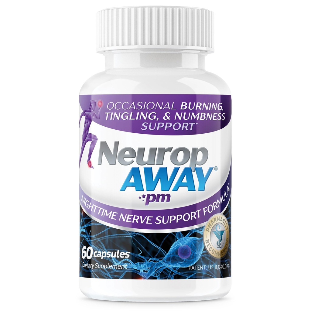 NeuropAWAY Nervi de sprijin PM, cu R-Alpha Acid lipoic pentru a ajuta la furnizarea de ajutor nervos în cel puțin 5 zile, Acetil-L-Carnitina, Theanină, Melatonină, și metilcobalamină, 60 capsule