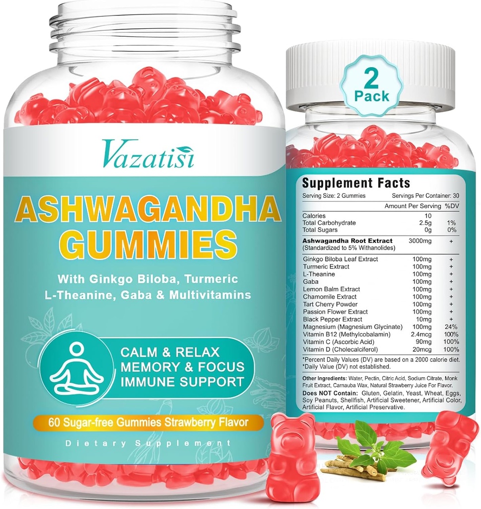 2 Pack Ashwagandha Gumies cu energie de moda si suport imunitar gameric GABA, aroma de capsuni 120 Cts