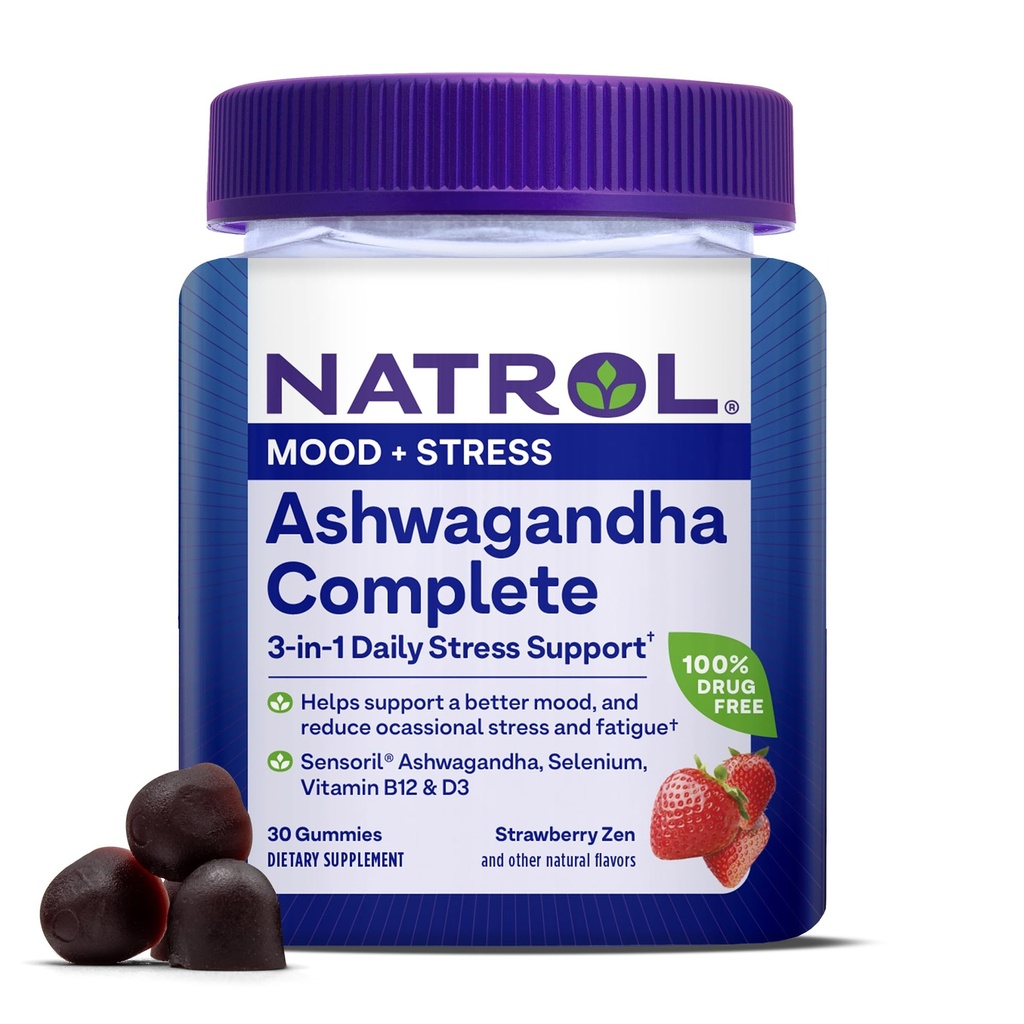 Natrol Ashwagandha Complete Gummy, 3-in-1 Daily Stress Support, Suportă o mai bună stare de spirit, Reduce stresul ocazional și oboseală, 30 Gummes, până la o aprovizionare de 15 zile