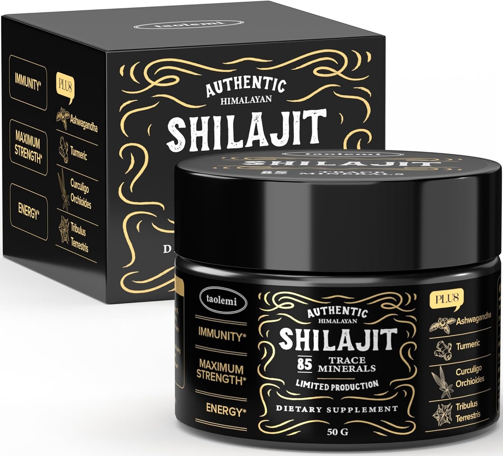 Shilajit Pure Himalayan Organic, Taolemi 50g Jar Silajit Resin natural pentru bărbați și femei, 85+ Trace Minerale & Acid pelvian, Extract pur Himalayan, Energie Naturală și Vitality Enhancer, 800MG, 62.5 Ser