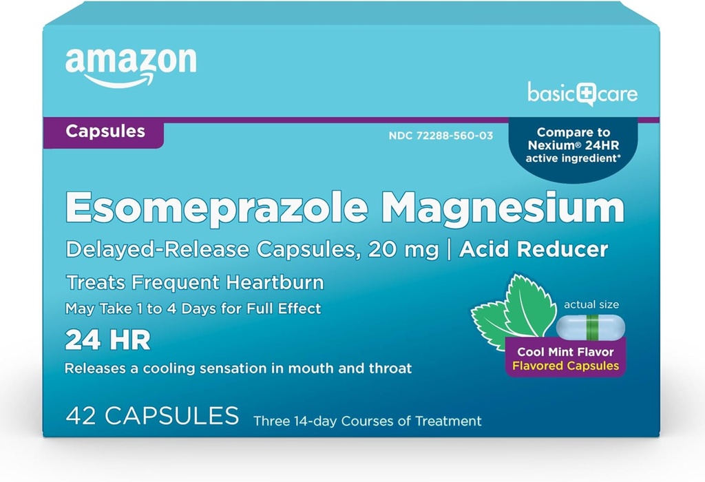 Îngrijire de bază Esomeprazol Magneziu Capsule cu eliberare întârziată 20 mg, Reductor acid, Mintă rece, 42 Număr de capsule (3 cutii cu 14)