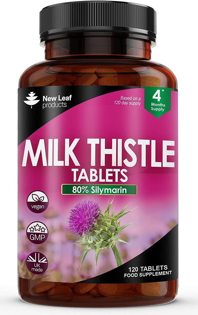 New Leaf Products Milk Thistle 1000mg Tablete (4 Luna de aprovizionare) Putere mare 2000mg 80% Silymarin, Vegan comprimate, OMG-free, Gluten-free 120 comprimate