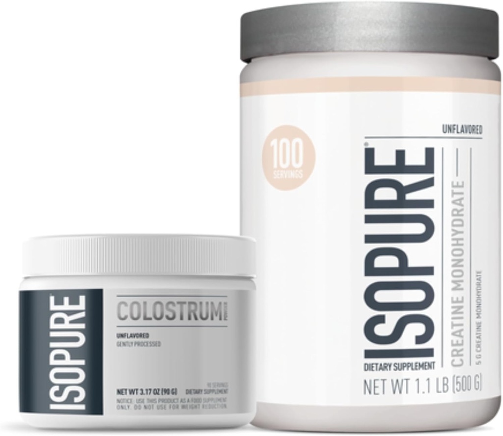 Bundle of Isopure Bovine Colostrum Supplement Powder, Gently Procesed, 90 Servings + Isopure Creatină monohidrat pulbere nearomată, 5g Creatină Monohidrat per Scoop, 100 Servings, 500g
