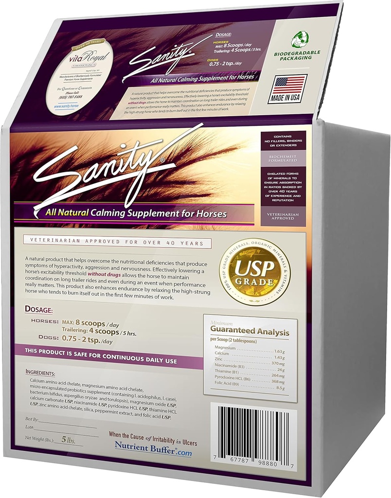 Sanatate - Equine Behavioral calming Supliment de focalizare pentru cai - Magneziu, Calciu, Zinc, B Vitamine, Aminoacidi, Probiotice, Tiamină, Acid folic, Niacin, Peppermint & More