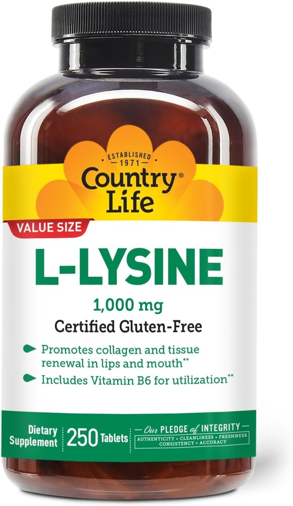 Country Life L-Lysine 1000mg cu B-6, Sprijină Immune Health, Promovează Colagen Reînnoirea în buze și gură, 250-Count, Certified Gluten Free, Certified Vegan
