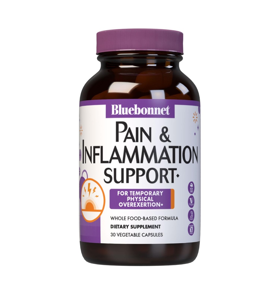 Bluebonnet Nutrition Pain & Inflamation Support, for Temporary Physical Overexertion*, Non-GMO, Vegan, Kosher Certified, Gluten-Free, Soy-Free, Dairy-Free, 30 Capsule vegetale, 30 Servings