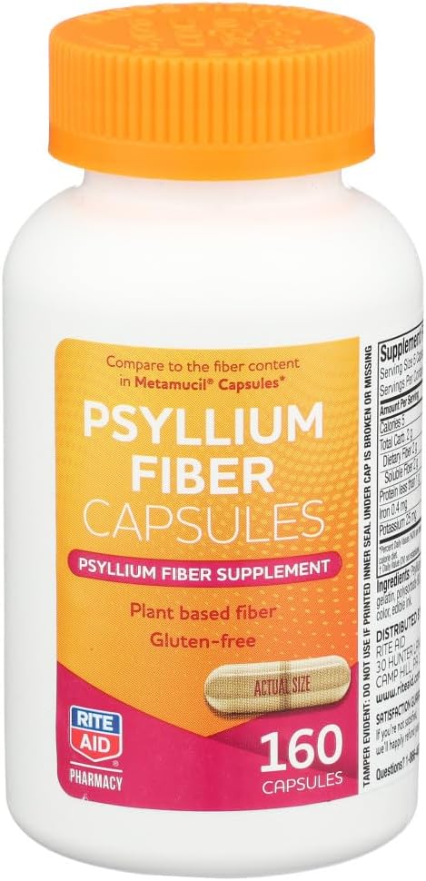Rite Aid Psyllium Fiber Capsules, 160 Conte, Psyllium Fiber Supplement, 