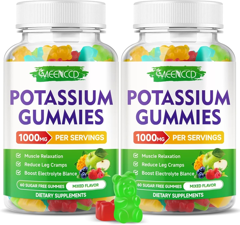 Potasiu Citrate Gumries 1000 mg, potenta mare de potasiu Supliment Gummies pentru adulti Femei si barbati, Suport Leg Cramps & Musculare Sanatate, Zahăr-Free, Mixed Fruit Flavor, 120 Conte