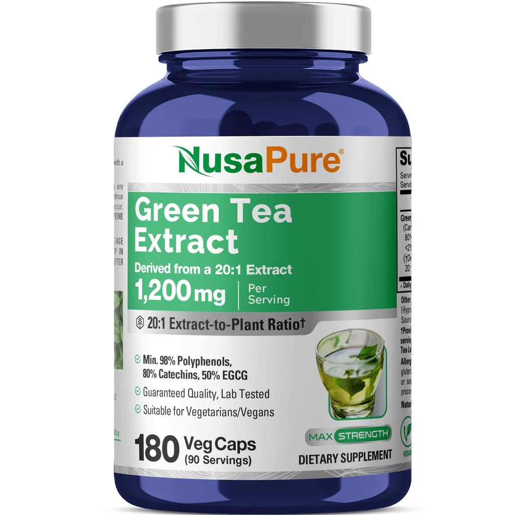 Ceai verde NusaPure 20:1 Extract, 1200 mg echivalent cu 24000 mg, 180 capsule Vegane, 50% EGCG, 98% Polifenoli, 80% Catechini