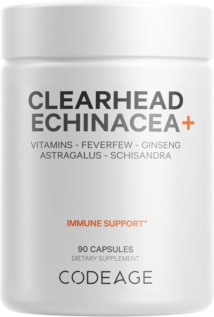Codaj Clearhead Echinaceae. Supliment - Echinacea, Schisandra, Feverfearty, Contis, American Ginseng, Astragalus, Usturoi, Probiotice, Vitamine C & D3, Zinc, Seleniu - Cap limpede Vitamina - 90 Capsule