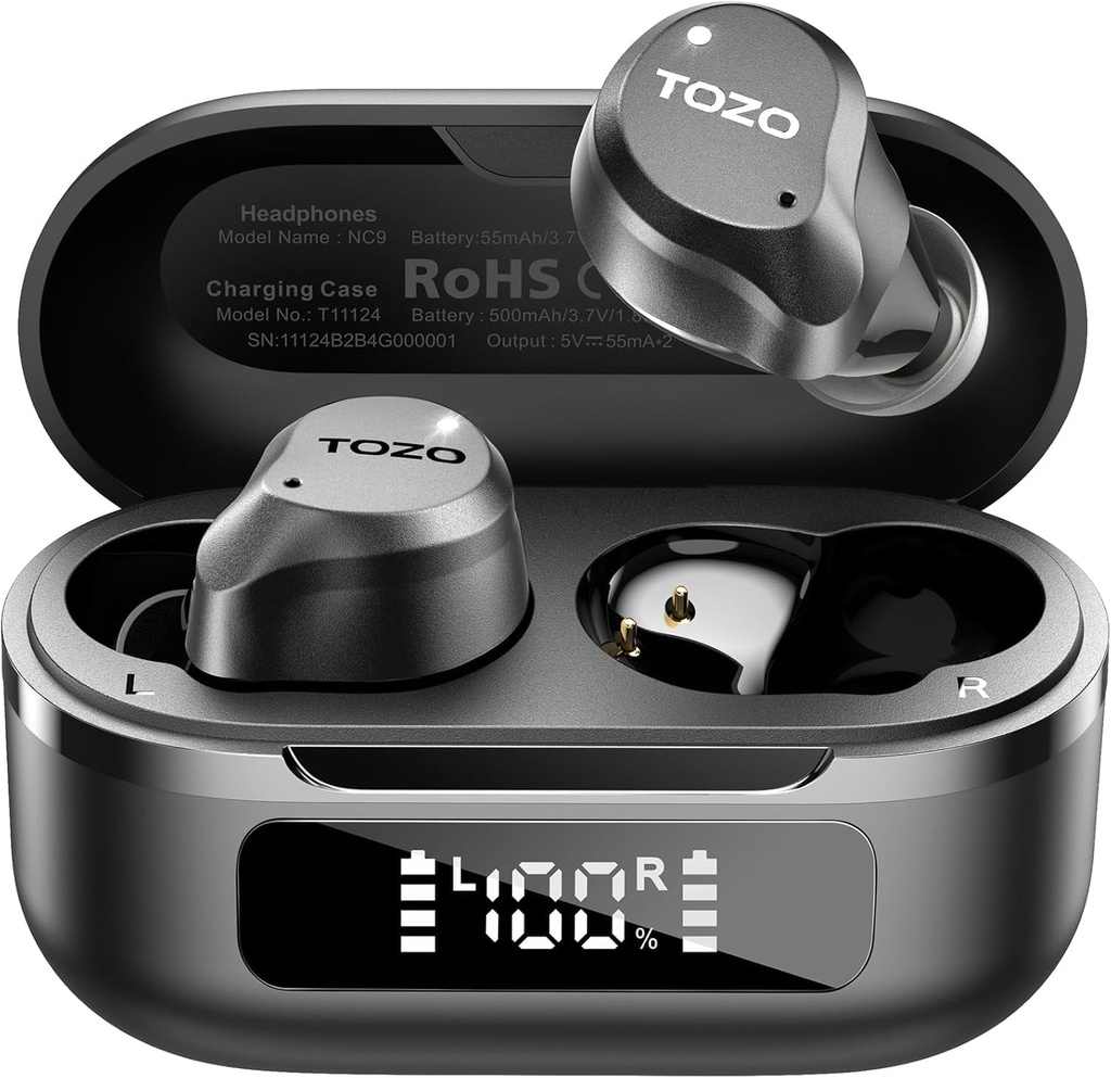 TOZO NC9 Hibrid Zgomot activ Anulare cască fără fir, 6 Mics ENC apel clar, IPX8 impermeabil, în ureche Bluetooth 5.3 Căști Stereo Bass Muguri urechi 59H Timp de joc cu LED-uri Display 32 EQ-uri prin APP