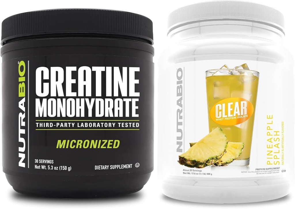 NutraBio Creatin Monohidrat, Nearomated, (150 g) și Clear Whey Proteine Izolat, (Pineapple Splash) Supliment Bundle 
