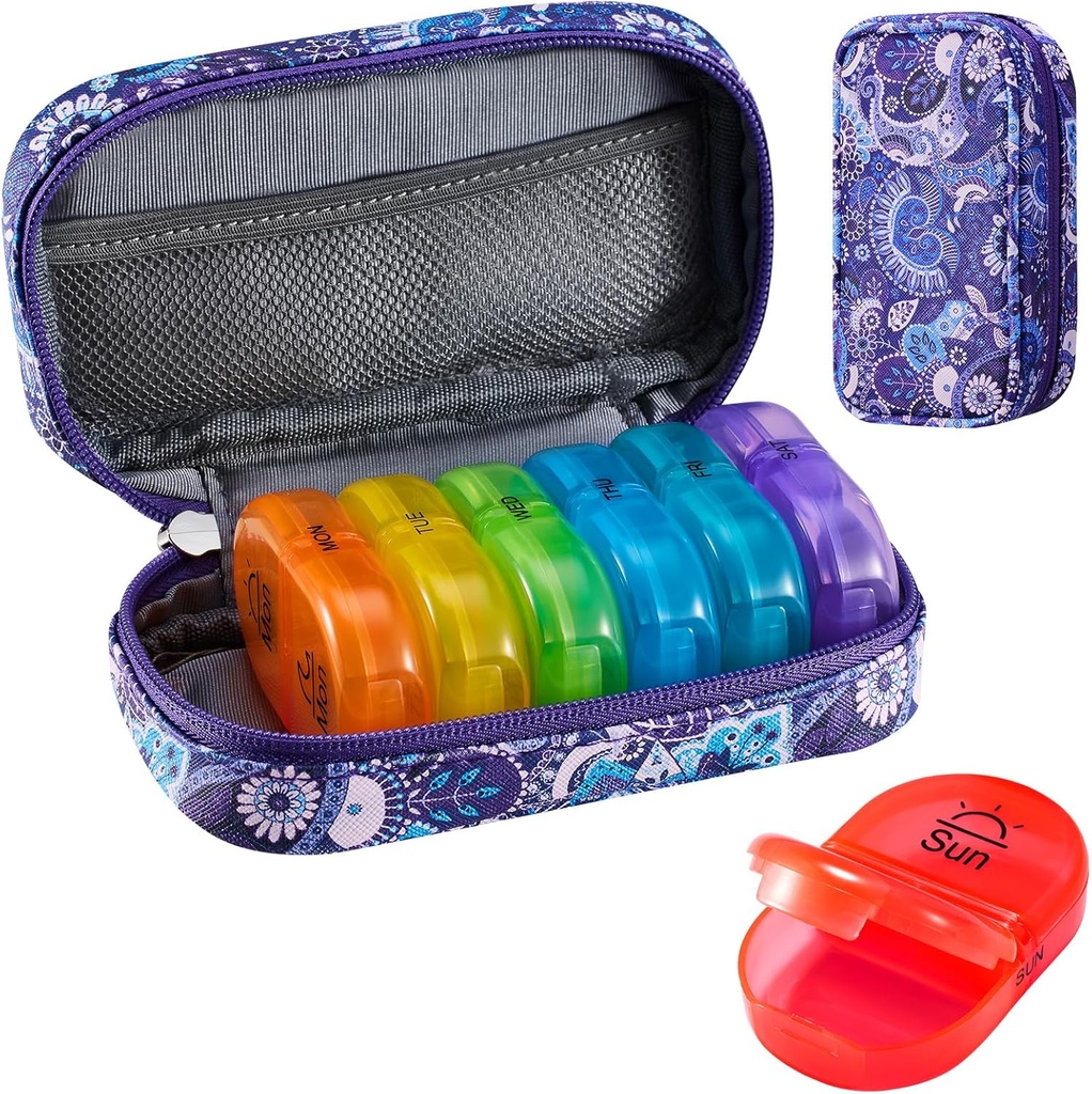 Serfeymi Weekly Travel Pill Organizator 2 Times A Day AM PM Upgraded Rainbow Pill Box 7 Ziua cu Portable Zipper PU Pilula din piele, Medicina Organizator pentru pastile, vitamine, uleiuri de pește - Purple-01