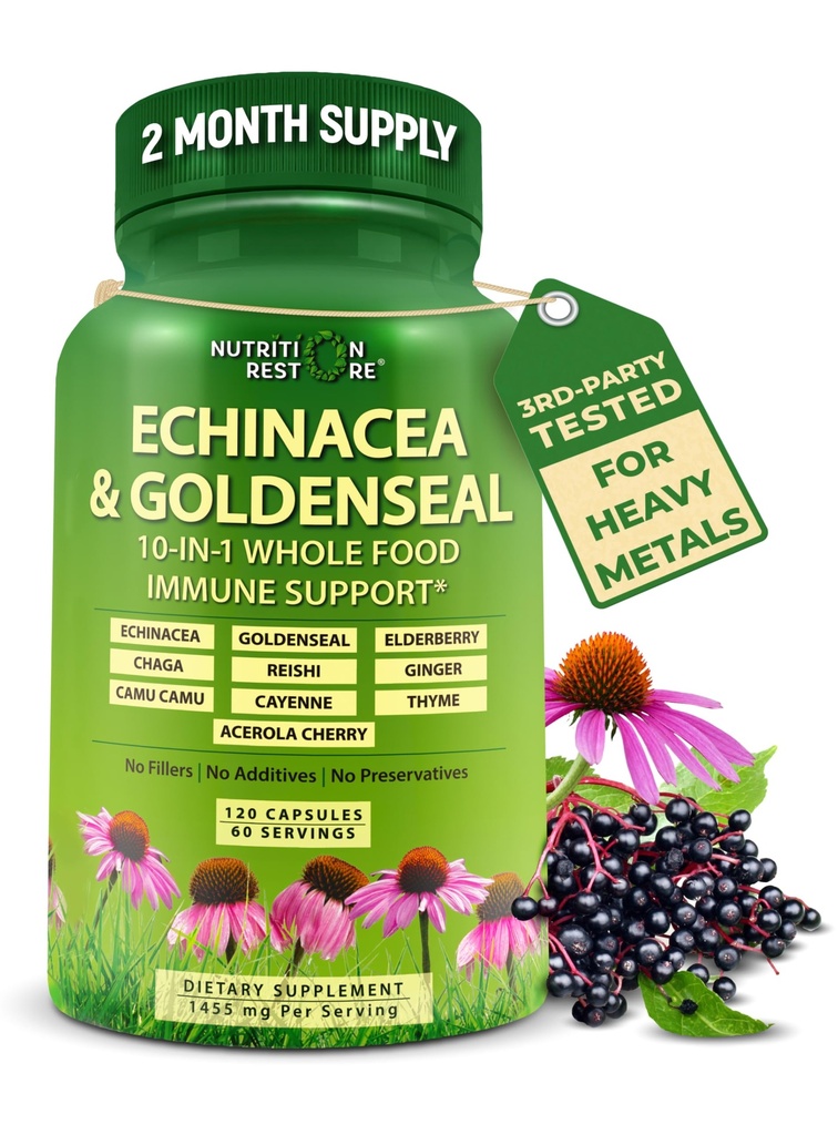 Echinacea Capsule Goldenseal - 10 în 1 Supliment de sprijin imun - 1455mg - Capsule Echinacea Vegană Supliment produs cu alimente organice integrale - Suport sistem imunitar vegetal - 2 luni de aprovizionare