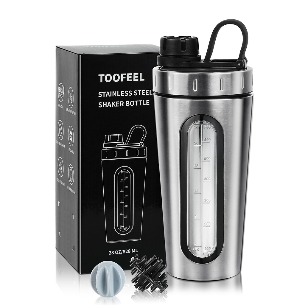 TOFEEL Shaker Sticles for Proteine Mixes 28 oz Inox Steel Proteine Shaker with 2 Mixing Ball, Not Stays Rece/Hot, Visible Window Metal Shaker Cups, Leakproof, BPA gratuit Sticla Shaker