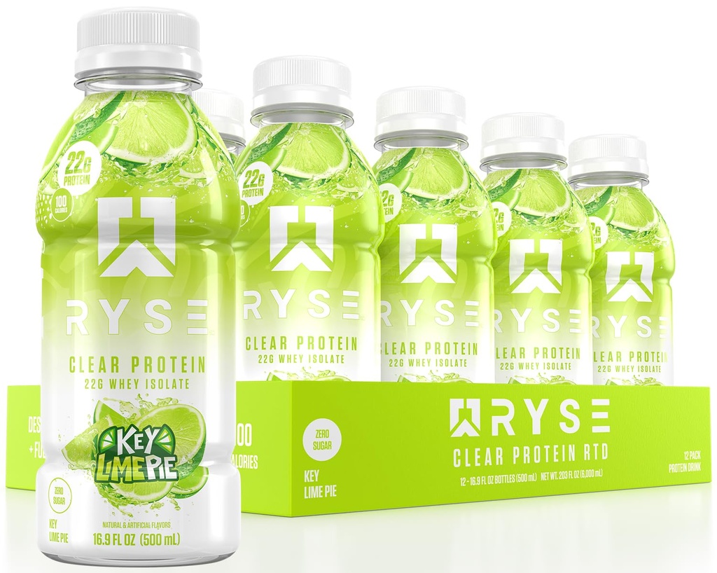 RYSE Clear Proteine Drink - Key Lime Pie - 100 Calorii, 22g Whey Izolate Proteine Shake, Zahar-Free, 0g Fat & Lactoză-Free - Refreshing Ready-to-Drink Beverage - 16,9 fl oz Sticle (12-Pack)
