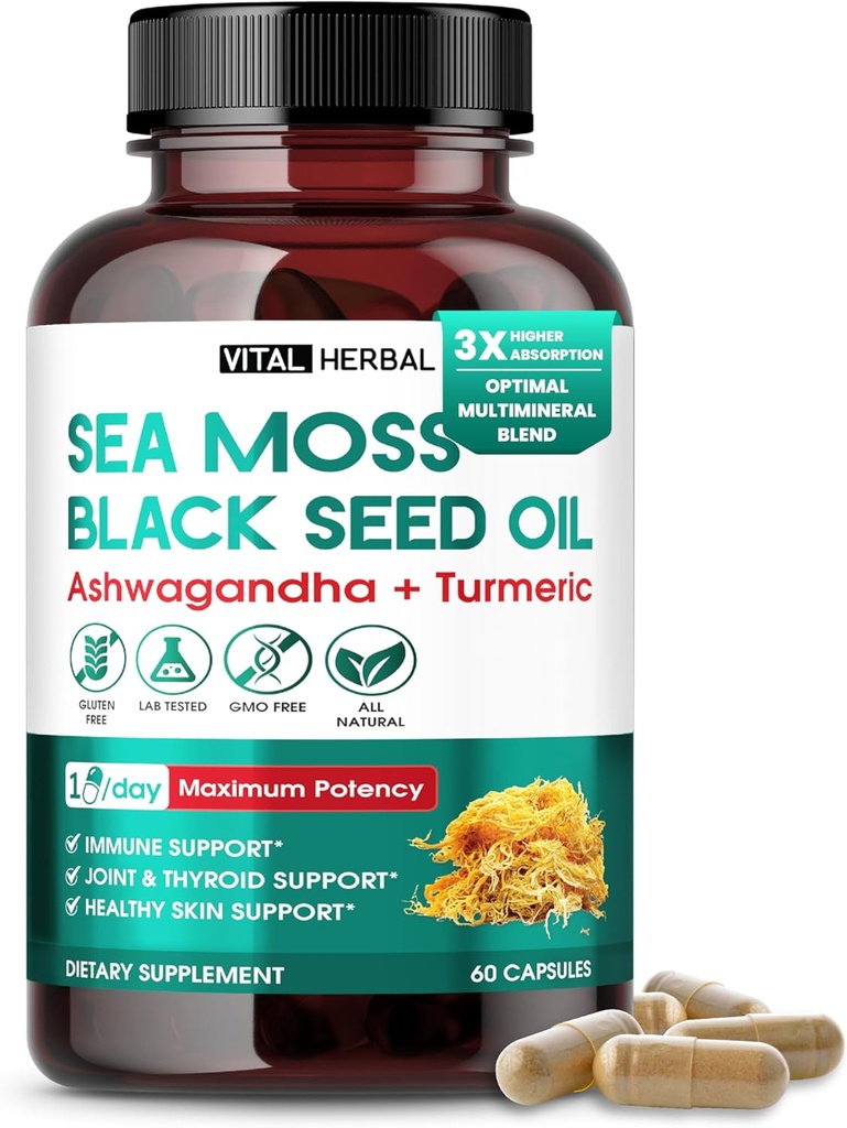 Sea Moss cu Black Seed Oil, Ashwagandha, Turmeric & Moringa 