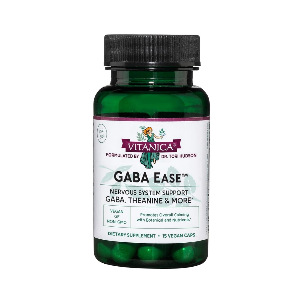 Vitanica GABA Ease - GABA & L-Theanine Supliment pentru suport de calm si relaxare - Suplimentul pentru sanatate al femeilor cu GABA, Floare de Pasiune, Hops, Skullcap & L-Theanine - Linia de consum - 15 Capace Vegane