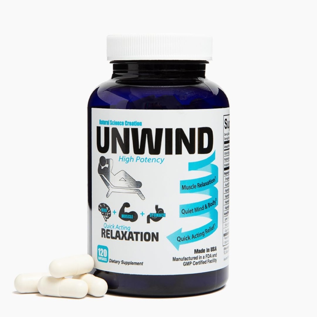 Unwind - 1885 Mgs Magneziu Per Serving, Advanced Relaxation Supplement, Max Putere Elemental Magneziu, Lemon Balm, Primavie Shilaj, Ginger - 120 Capsule - Made in USA