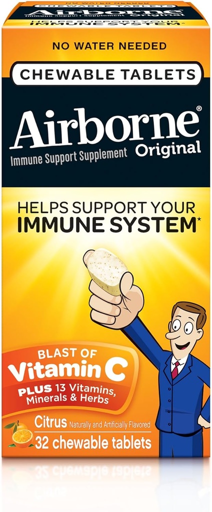 Comprimate de vitamina C masticabile Airborne 1000 mg cu zinc, supliment de suport imun cu antioxidanți puternici Vitamine A C & E - 32 comprimate masticabile, aromă Citrus