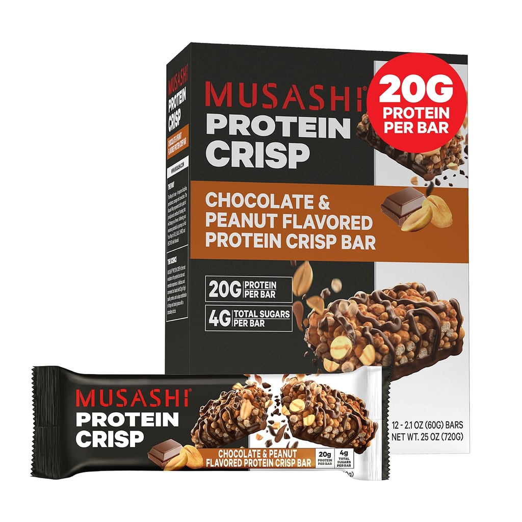 MUSASHSHI Proteine Crisp Bar, 20g Proteina, 4g Total Zaharuri, Ciocolata si arahide, Post Workout si Snack On The Go, 12 Pachet de 2.1oz (60g) Baruri