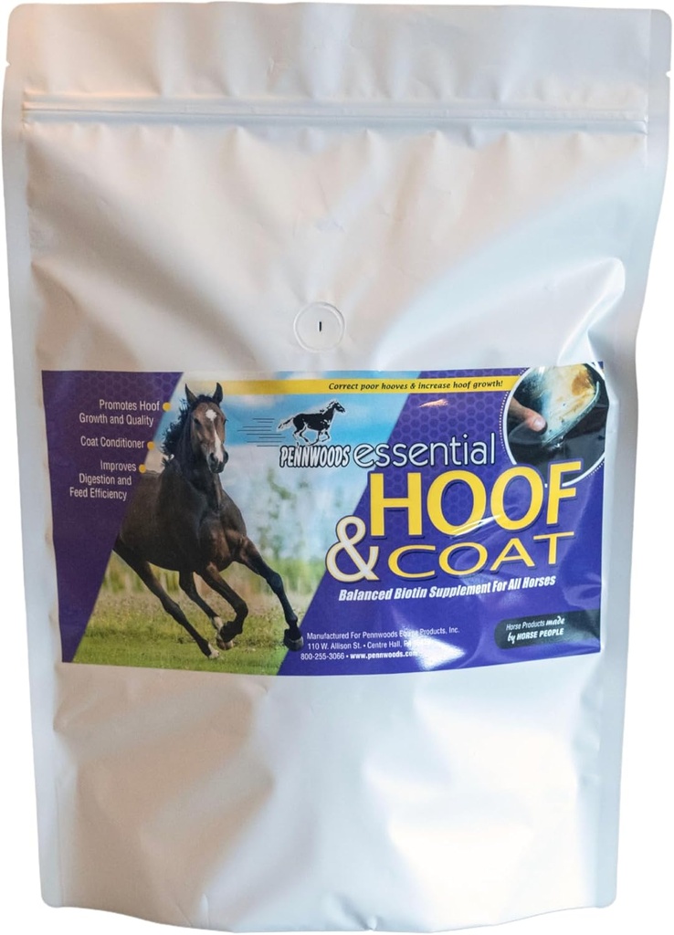 Pennwoods Essential Hoof & Coat - Suplimentul cailor cu Biotin pentru Optimal Equine Hoof Crowth, Healthy Coat & Nutritional Balance, 4lb Bag