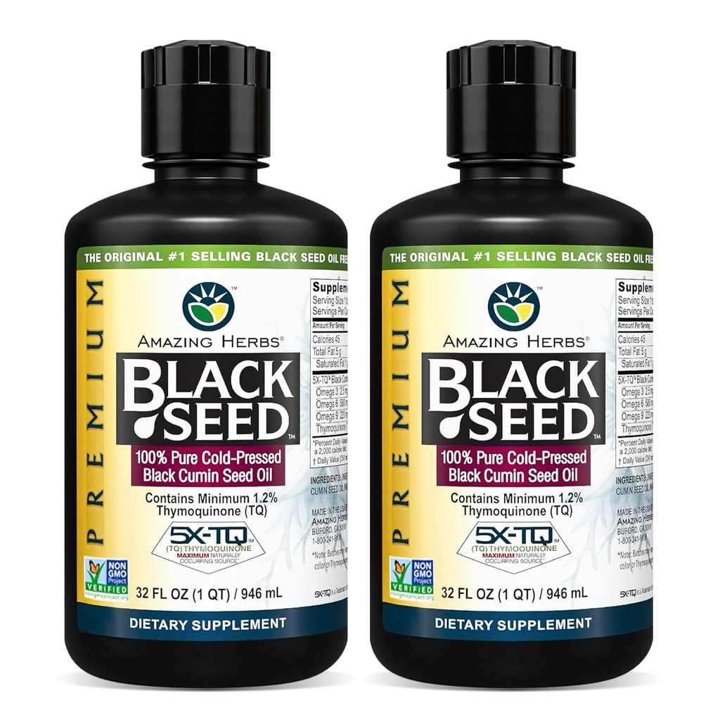 Amazing Herbs Premium Black Seed Oil - Rece presat Nigella Sativa SIDA în Digestive Health, Immune Support, Brain Function, Mobilitate comună, Gluten Free, Non OMG - 32 Fl Oz (Pachet de 2)