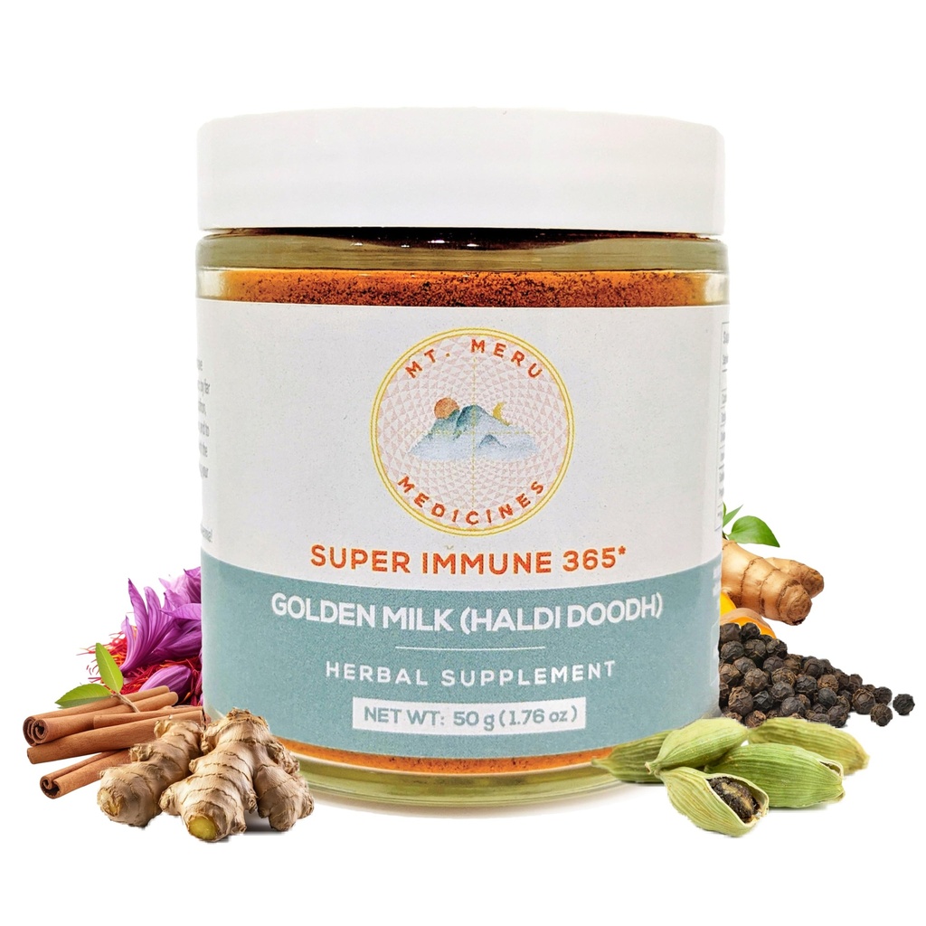 Mt.Meru Medicines Ayurvedic Haldi Doodh/Golden Milk Superblend- cu Immun Boosing Formula, Gluten-Free, pentru Brain Health, Suport Gut cu Curcumin ridicat Lakadong Turmeric (1,76oz/50g)