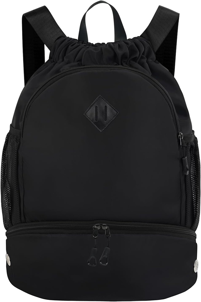Backpack drawstring cu rucsac de gimnastică cu compartiment de pantofi pentru bărbați Femei String sac sport cu sac de buzunar umed Cinch înot plajă, negru (Patent în așteptare)