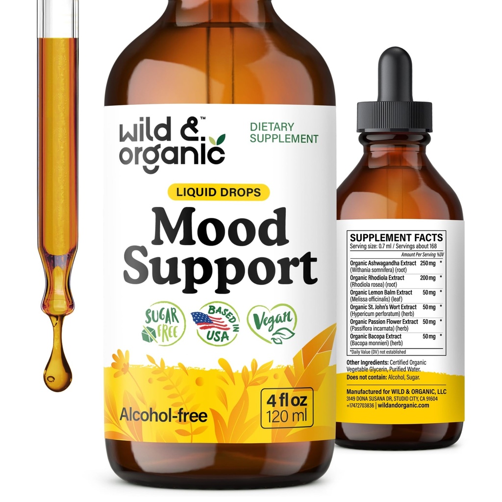 Suplimentul de sustinere a dispozitiei salbatice si organice - Picături lichide naturale pentru energie pozitiva - Supliment Minte calma pentru femei si barbati - Non-Alcohol Ashwagandha & Rhodiola Rosea Root Tincture for Good Mood - 4 oz