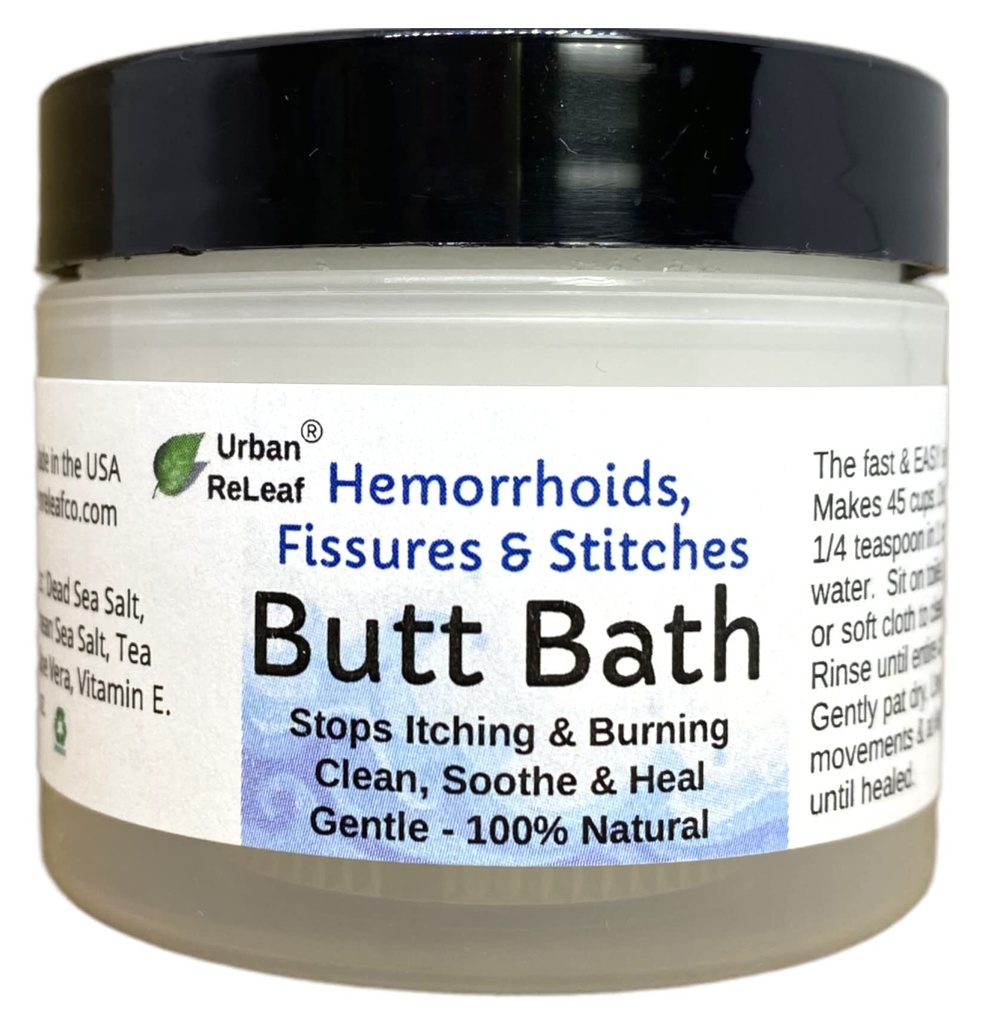 Urban ReLeaf Butt Bath! Hemoroizi, fisuri şi cusături. Ajută la mâncărime şi arsură. Curat, Soothe & Calm. The Easy Sitz Bath! Ajutor rapid! Gentle Sea Salt Soak. Blând, eficient, 100% natural