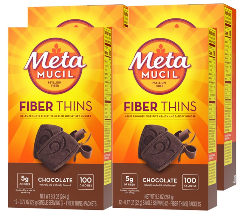 Metamucil, Fiber Thins, Daily Psyllium Husk Fiber Supplement, Supports Digestive Health and Satisfies Hunger, Chocolate Flavor, 48 Total Servings (4 Pachete de 12)