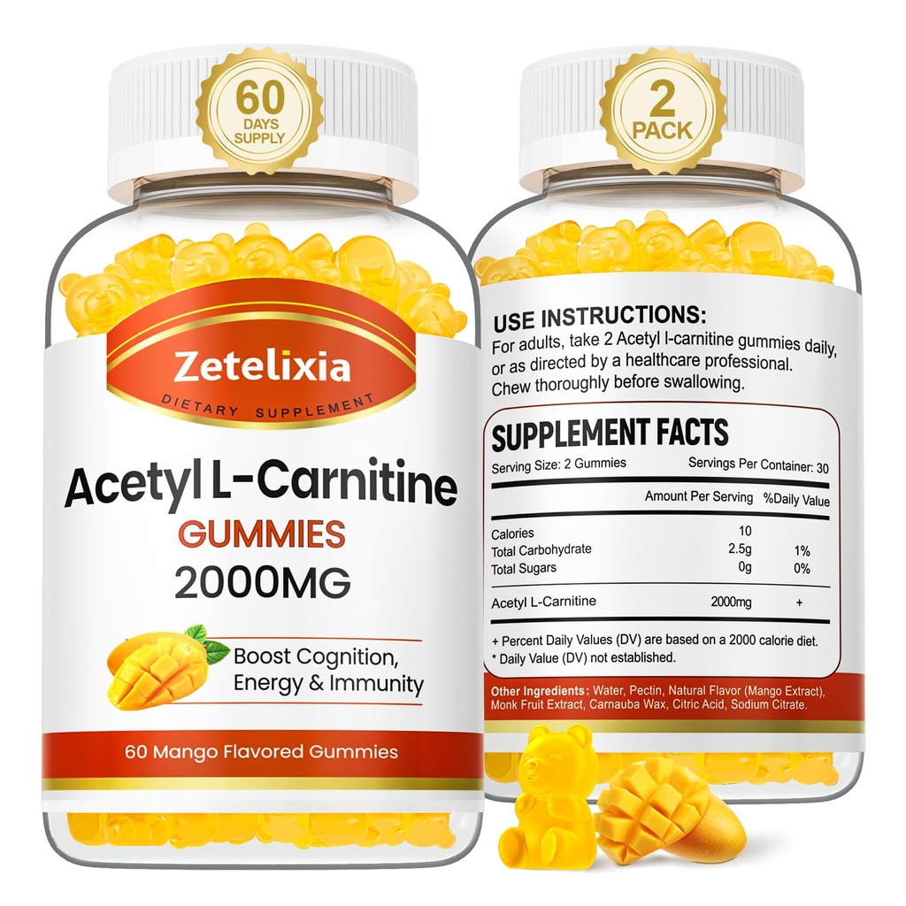 2 pachet Acetil L-Carnitine Gummies, L-Carnitina Supliment pentru femei si barbati, Supliment nutritiv pentru Boost Energy, Imunitate & Brain Health, Vegan, Non-GMO, Mango Flavor, 120 Conte
