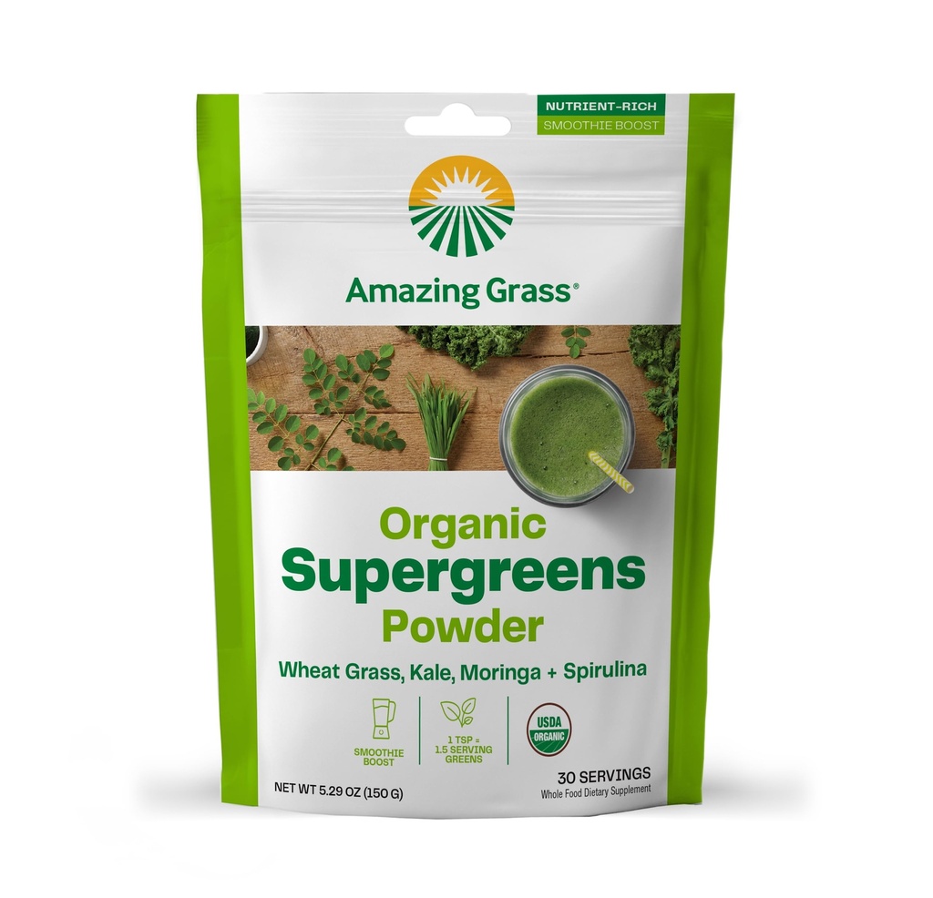 Amazing Grass Super Greens Booster: Greens Powder Smoothie Mix cu Spirulina, Moringa, Wheat Grass & Kale Smoothie Booster, Clorofil Providing Greens, 30 Servings