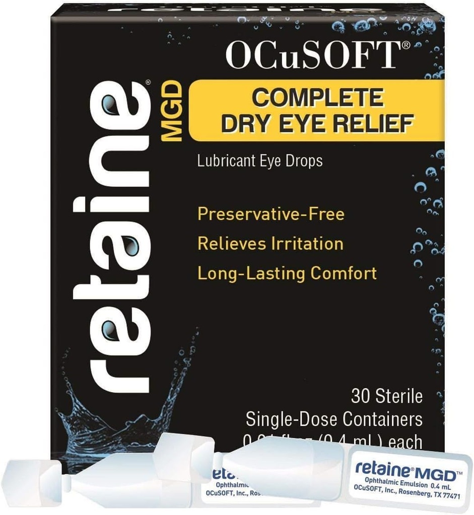 OCuSOFT Retaine MGD Relief complet pentru ochi uscat Picături pentru ochi Lubricante Containere pentru o singură doză, 30 Count (Pachet de 2)